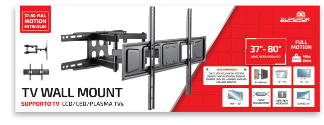 Full Motion Extra Slim TV Wall Mount 37–80” – VESA 600×400, 40kg Capacity